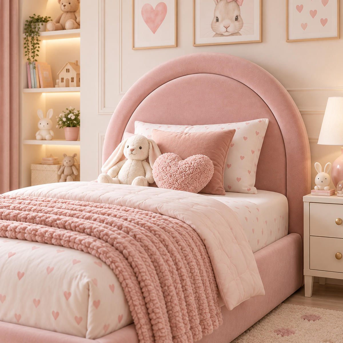 Plush Velvet Pink Kids Upholstered Rainbow Arch Bed with Under-Bed Side-Drawers
