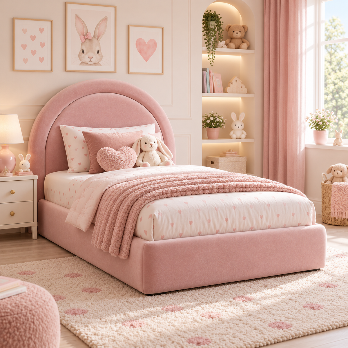 Plush Velvet Pink Kids Upholstered Rainbow Arch Bed with Under-Bed Side-Drawers