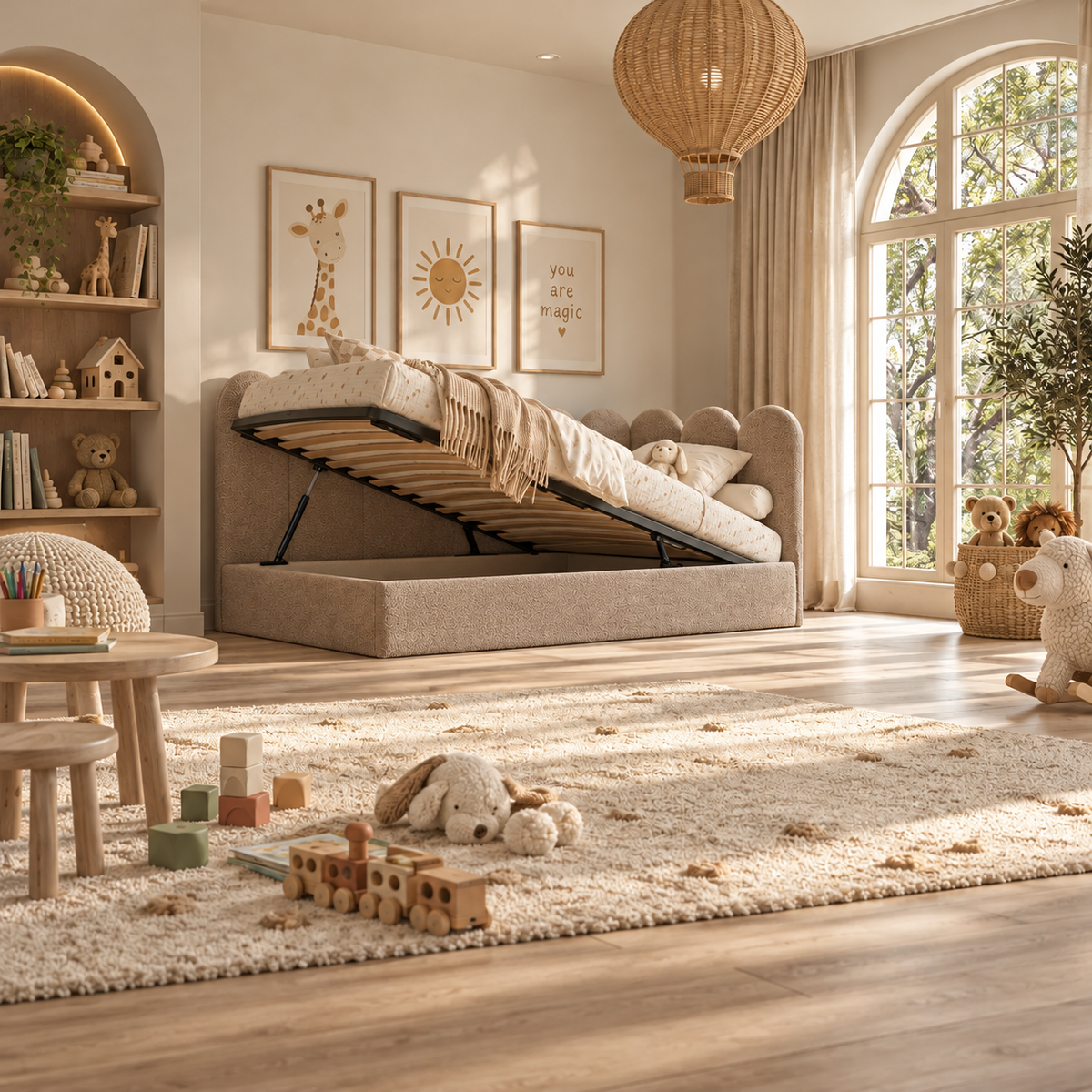 Kids Corner Nook Bed in Boucle Teddy Mink with Scalloped L-Shaped Headboard